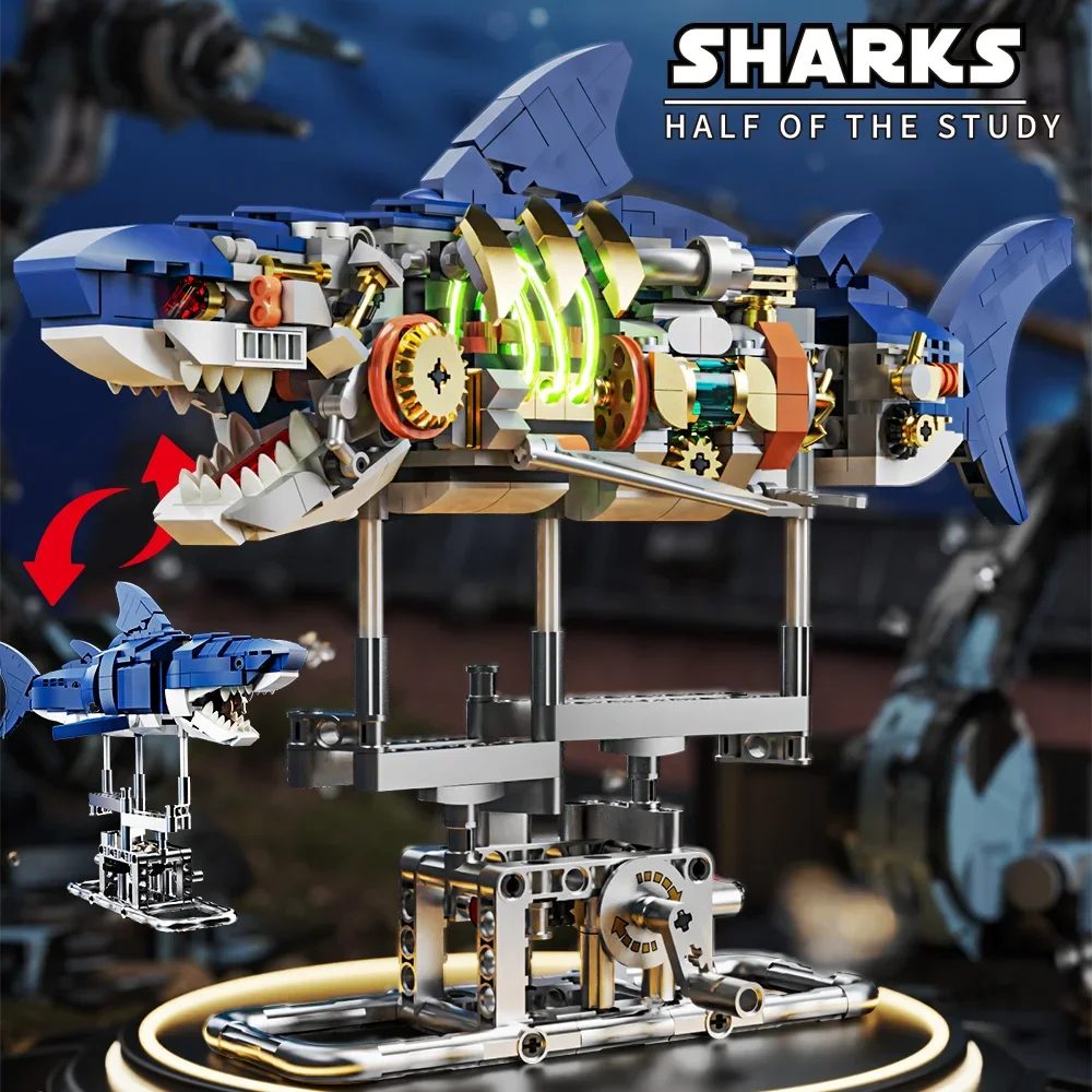 687PCS Shark Building Blocks Set – Ocean Animal Construction Toy with Display Stand for Kids & Adults
